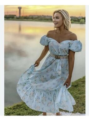 LoveShackFancy Sky Blue Floral Maxi Dress